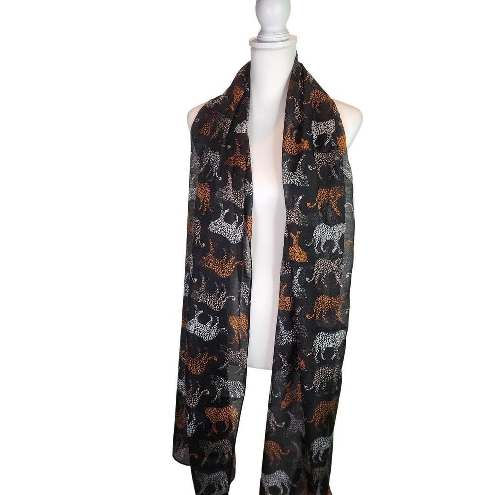 HM Womens Leopard Cheetah Print Scarf Black Tan White Sheer Gauze - Picture 3 of 9